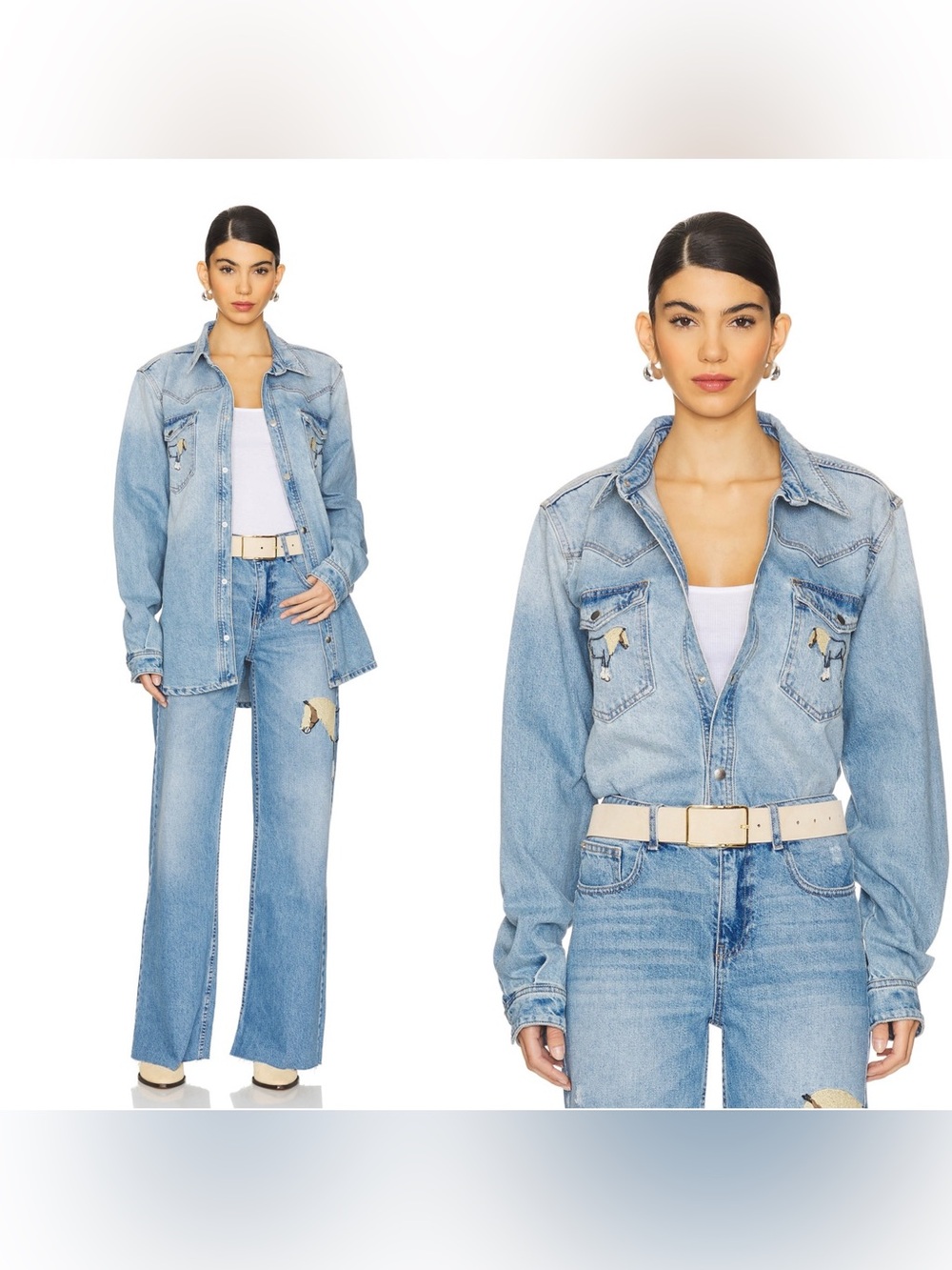 NWT UNDERSTATED LEATHER Horsey Denim shirt in light blue